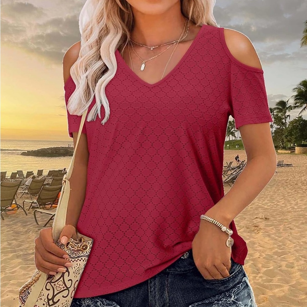 Eyelet V-Neck Short Sleeve Cold Shoulder Blouse